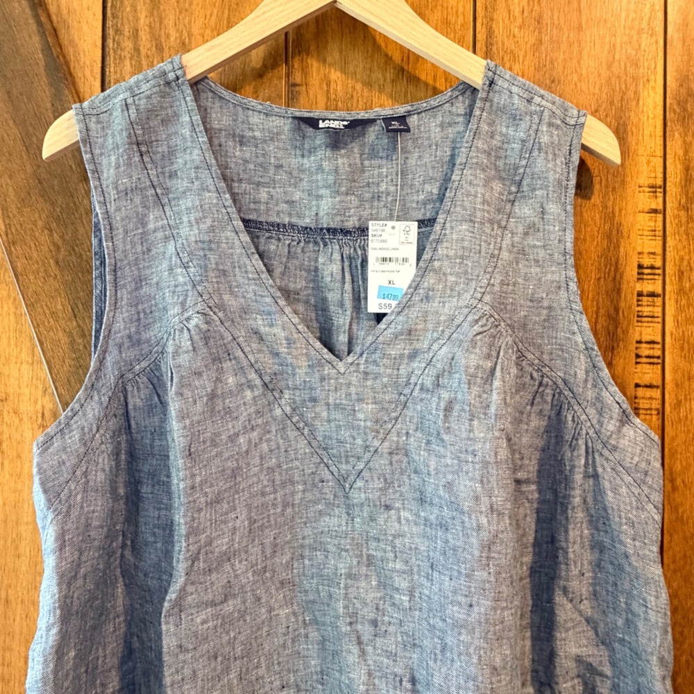 Lands End Sleeveless 100% Linen Top XL Indigo Blue V-Neck Coastal Boho NWT - Picture 3 of 7